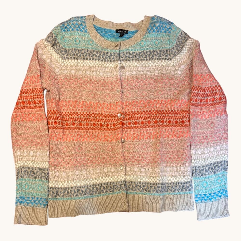 TALBOTS Women's Fair Isle Lambswool Mohair Cardigan Sweater MEDIUM Multicolor